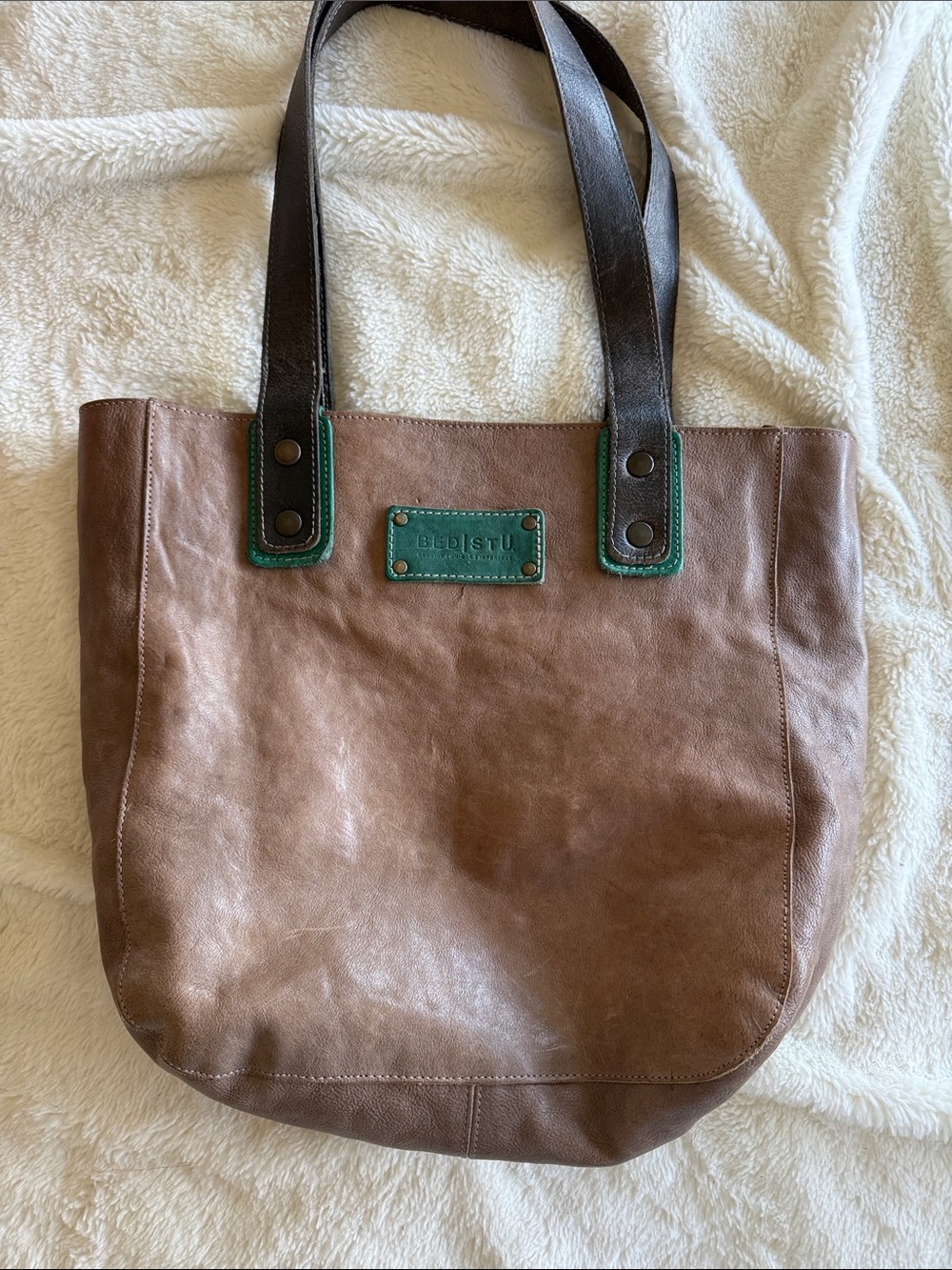 BED|STU Brown Leather Tote with Dark Brown Straps and Green Trim